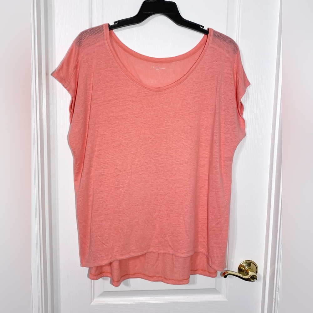 Eileen Fisher LINEN Ribbed Knit Shoulder & Back Cap Sleeve Top Pink Size Large